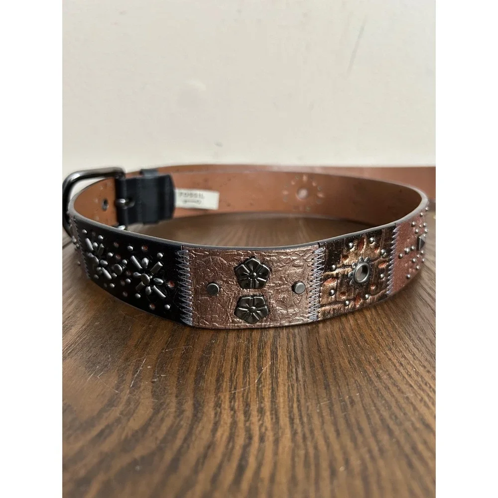 Vintage Fossil Womens Large Brown Leather Patchwork‎ Studded Floral Belt